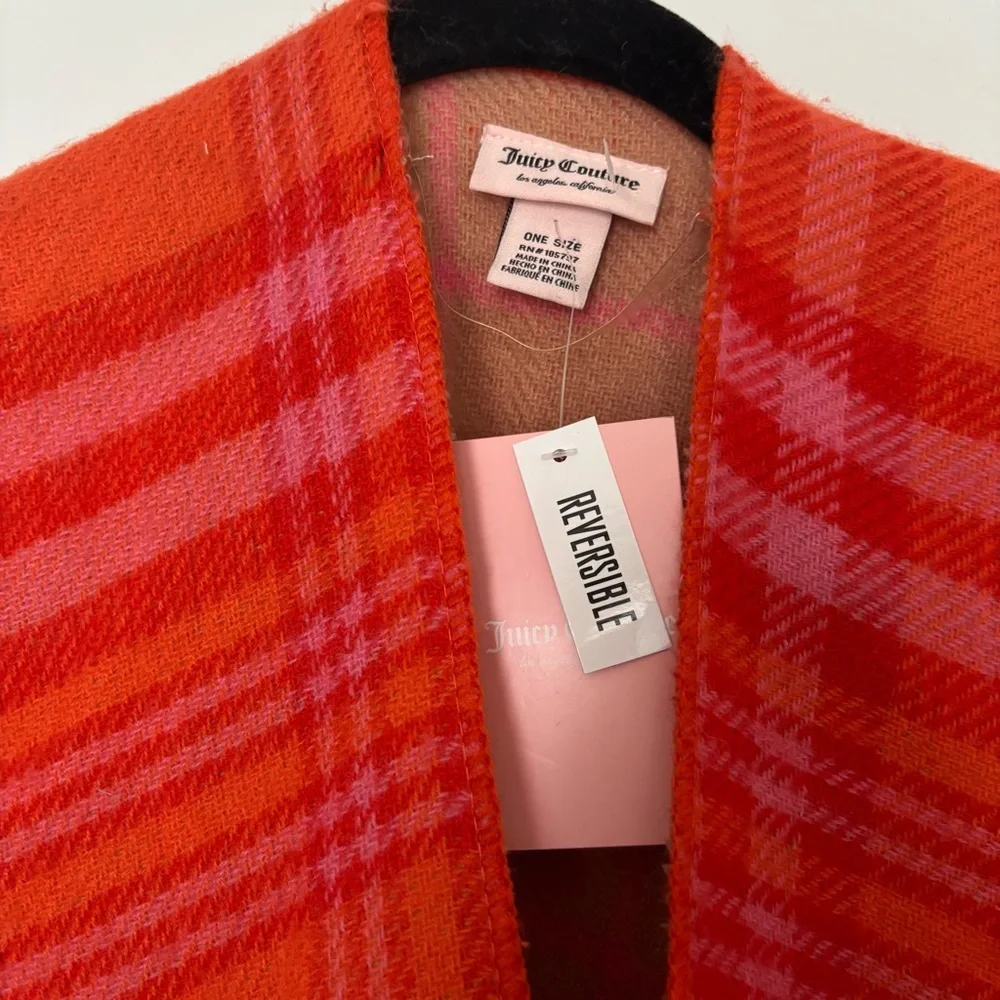 Juicy Couture reversible poncho with fringe pink orange plaid and tan pink plaid